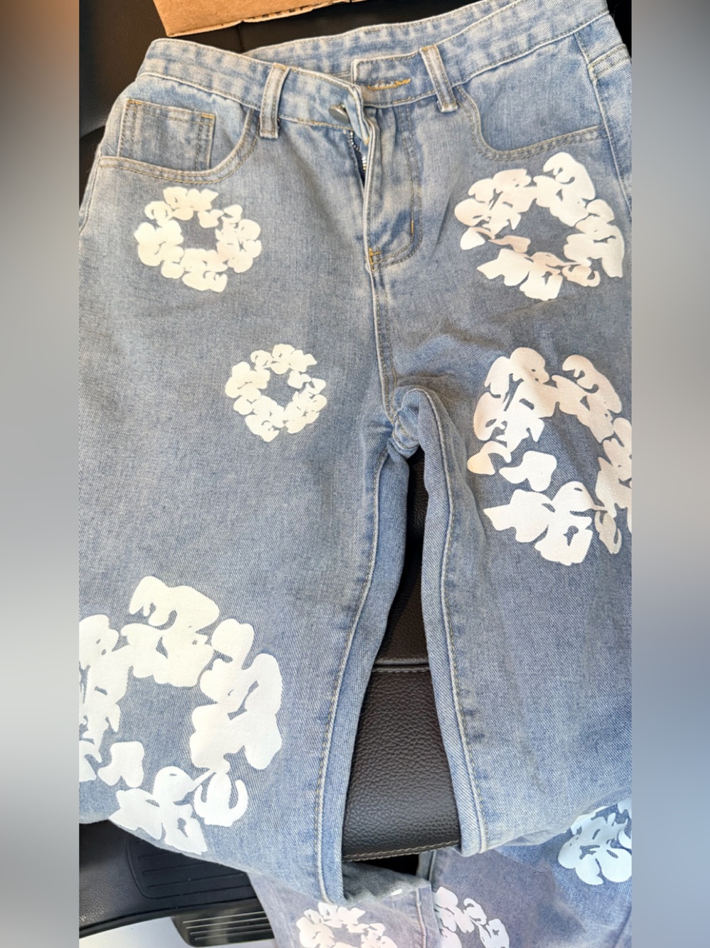 Unisex Light Blue Floral Print Jeans CAN SHIP NOW
